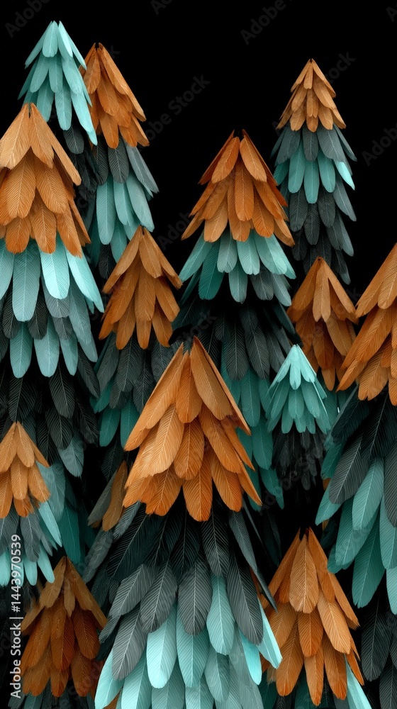 Obraz premium Abstract Feather Trees Teal Copper Nature Art Forest 8K Modern Design