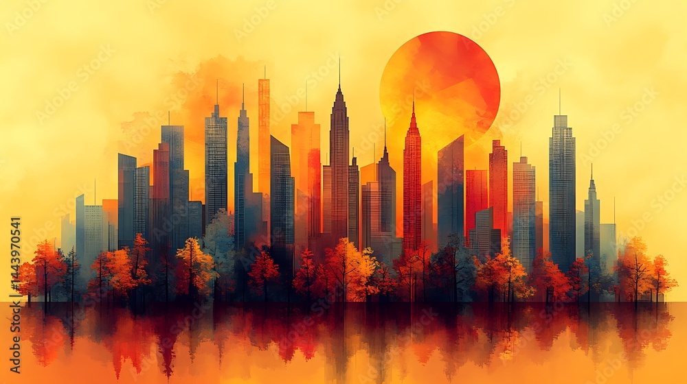 Sunset glow over urban skyline reflection Sunset glow over urban skyline reflection