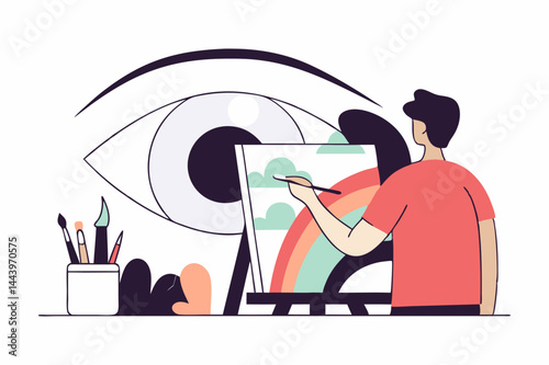 A colorful illustration depicting an artist painting a rainbow on a canvas, with a large eye in the background, suggesting creativity, vision, and artistic expression.