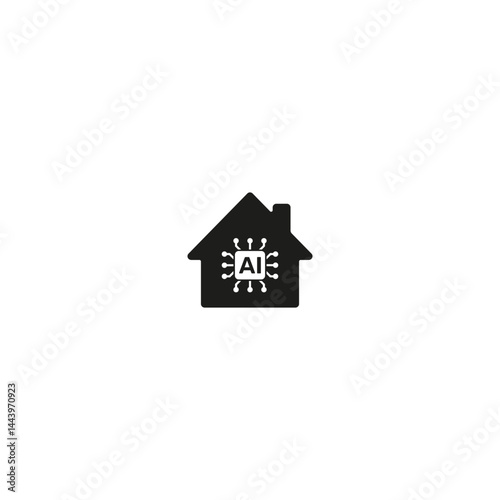 Black house icon with artificial intelligence symbol in the center, ideal to represent smart homes, home automation and advanced technology in residential environments.