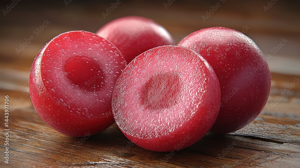 Fresh, vibrant red plums, cut in half, on a wooden surface