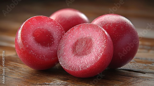 Obraz na płótnie Fresh, vibrant red plums, cut in half, on a wooden surface w salonie