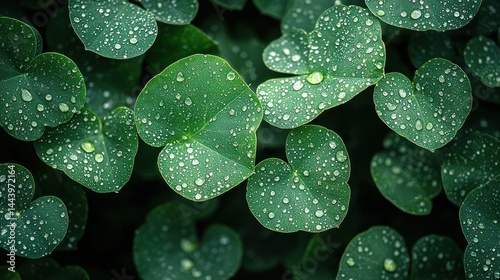 Fresh, vibrant green leaves covered in dew drops