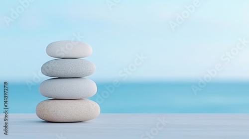 Four smooth stones stacked on a table with a calm blue sea and sky in the background, evoking peace and balance.
