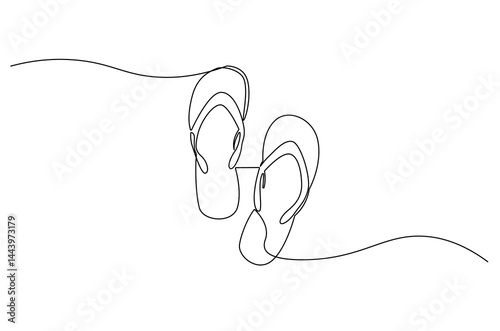 Continuous one line drawing of Flip flops. Single line drawing illustration of flip-flops sandals on the beach. Summer beach concept vector art. Doodle line illustration.