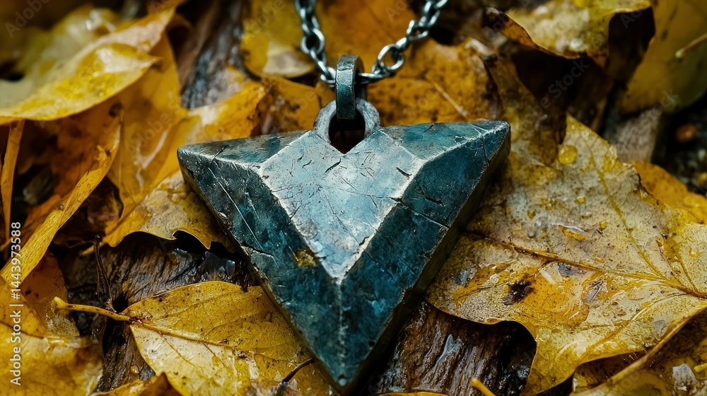 Geometric metal pendant on autumn leaves