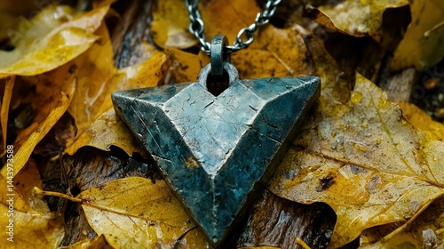 Obraz na płótnie Geometric metal pendant on autumn leaves w salonie