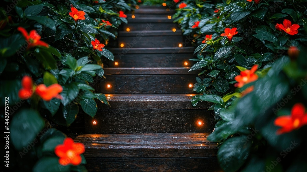 Garden stairs with flowers and lights