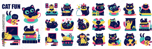 A collection of cartoon illustrations depicting black cats engaged in various playful and amusing activities, with the text "CAT FUN" prominently displayed.