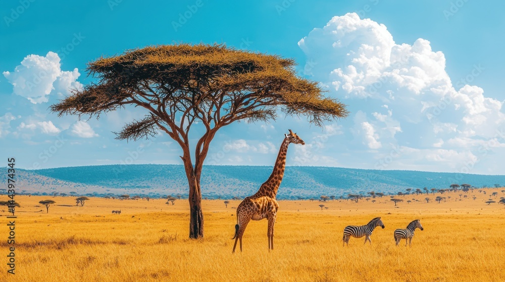 Giraffe and Zebra in African Savanna