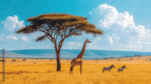 Obraz na płótnie Giraffe and Zebra in African Savanna w salonie
