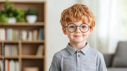 Adorable Young Boy with Red Hair and Glasses Smiling Cheerfully Indoors Portrait photo