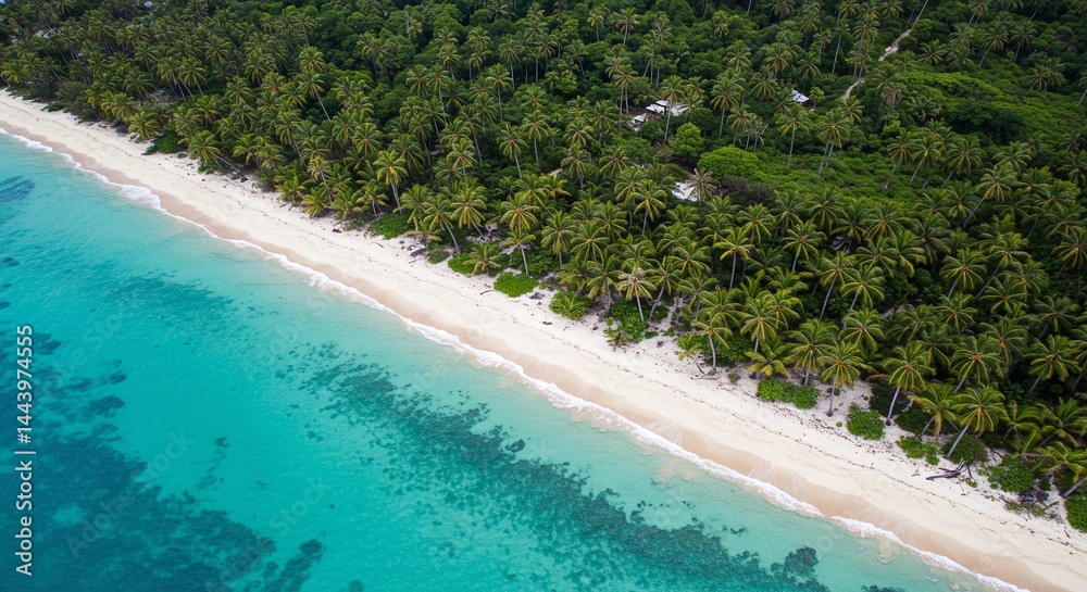 Fototapeta premium Tropical paradise with turquoise water meeting a white sand beach lined with lush palm trees and dense green forest.