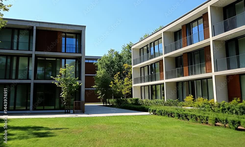 Two Modern White Buildings on Green Lawn Under Blue Sky with Verdant Trees Showcasing Contemporary Architecture Two Modern White Buildings on Green Lawn Under Blue Sky with Verdant Trees Showcasing Contemporary Architecture