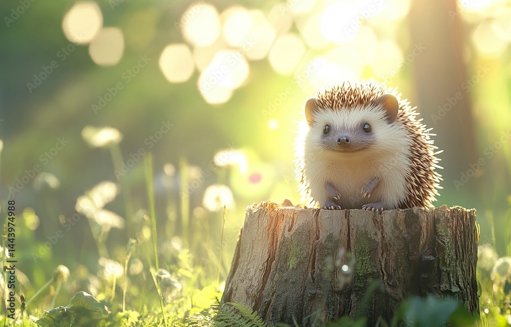 Obraz premium Cute hedgehog sitting on a tree stump in the garden, with morning light and a bokeh background. Close-up shot, with copy space available. 