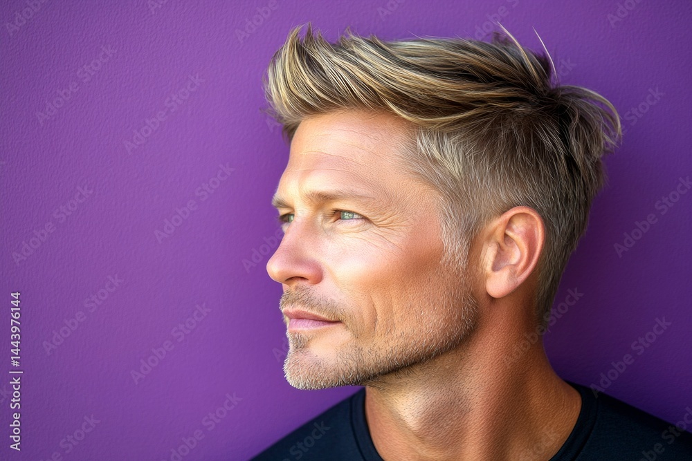 Obraz premium Pattern of style for aging men. Purple solid background. Fashionable men's undercut haircut - midlife white man with blond hair. A trendy and radiant male showcasing style.