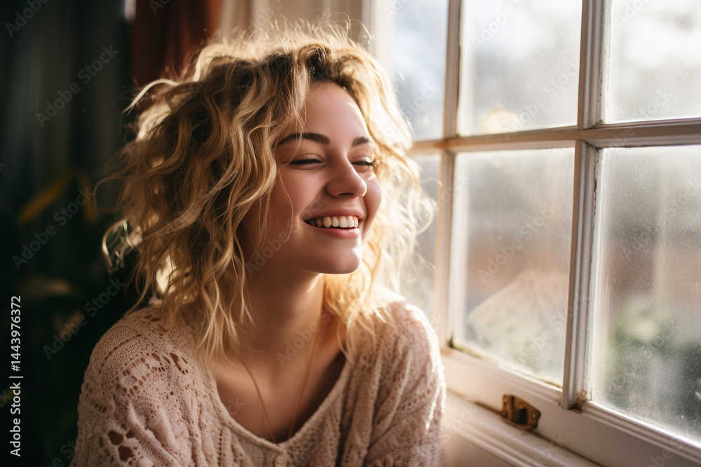 Fototapeta premium On bustling cold day, bustling young blond girl finds contentment and peace of mind as she enjoys her coffee by populous window, radiating happiness and embracing populous mental health day 