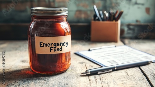 Savings jar labeled Emergency Fund next to a financial planner and pen on a rustic desk