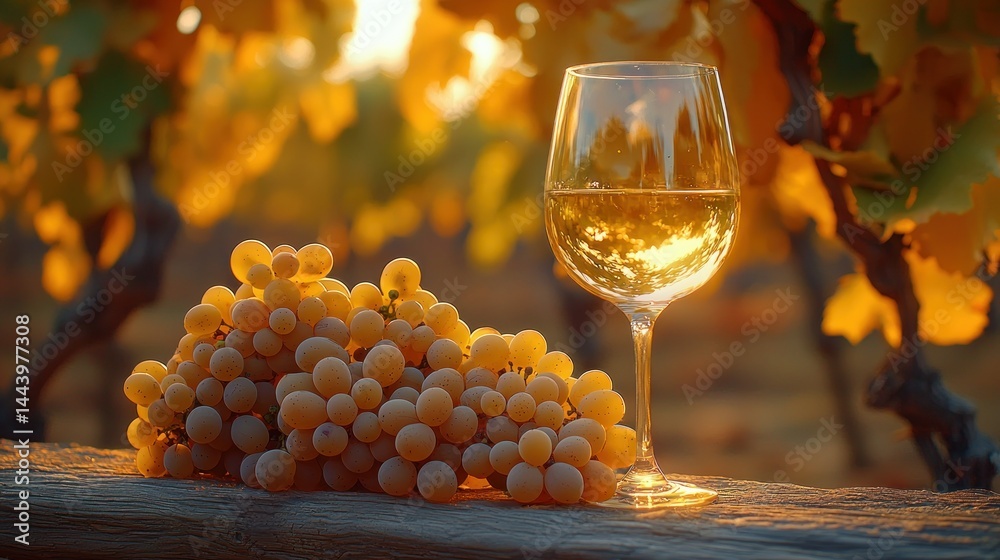Golden hour vineyard scene with glass of white wine and grapes