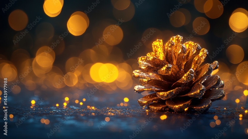 Golden pine cone, festive bokeh
