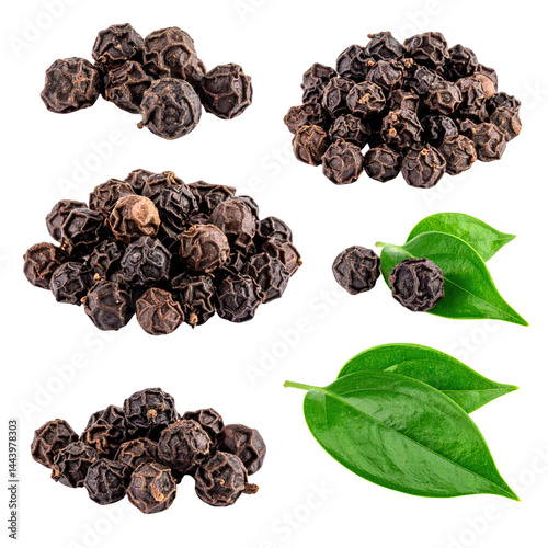 Black pepper collection with leaves isolated on white or transparent png 