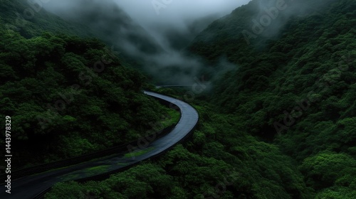 Winding asphalt road snakes through a misty dense green forest mountain valley during morning twilight.