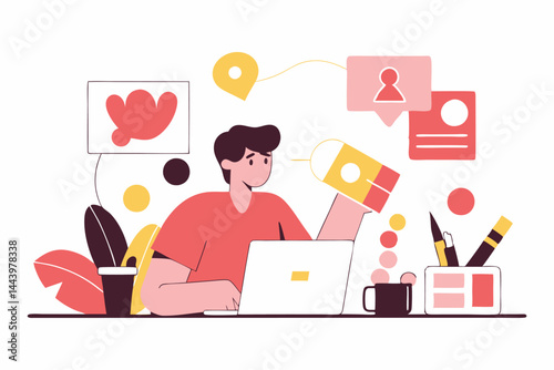 A man working on a laptop surrounded by design elements.