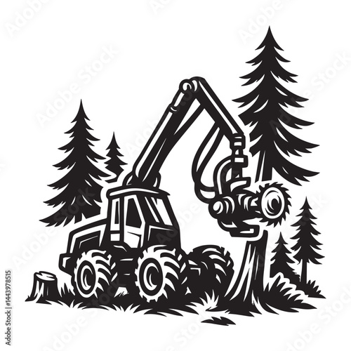 Forestry harvester cutting trees vector illustration