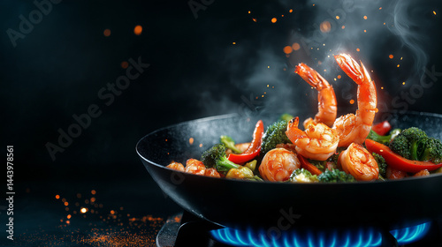 Culinary symphony in the wok: Fresh prawns and vegetables sizzle and dance in a hot wok, a vibrant feast of colors and textures, with the inviting aroma of the sizzling spices. photo