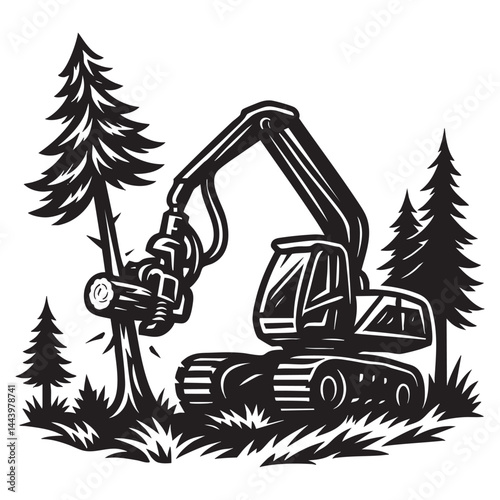 Forestry harvester cutting trees vector illustration