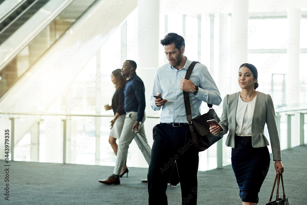 Business, people and walking with phone at airport for flight schedule, booking information and airplane arrival. Professional, team and travel in lobby for corporate journey and global conference
