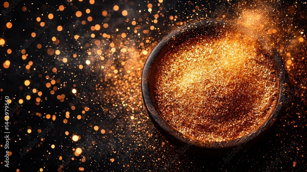 Golden spice in wooden bowl, festive background