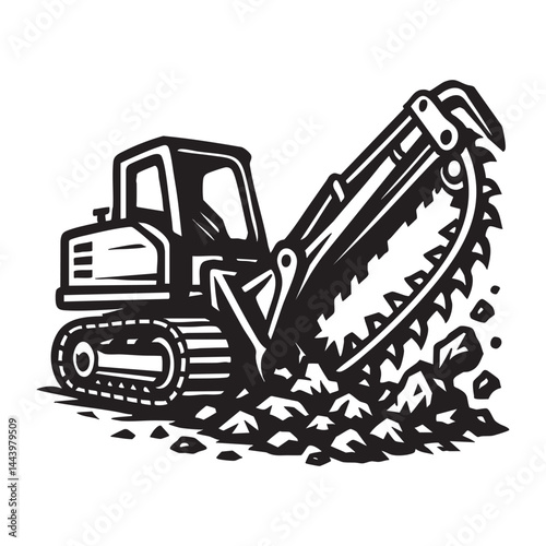 Pipeline trencher digging through rocky soil vector illustration