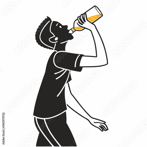 Silhouette Of Person Drinking From A Bottle On White Background Vector