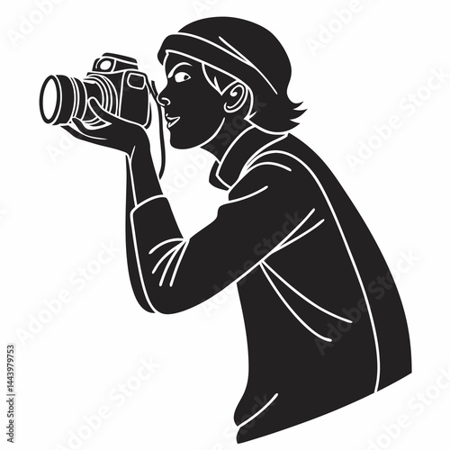 Black And White Silhouette Of A Photographer Taking Pictures With Camera
