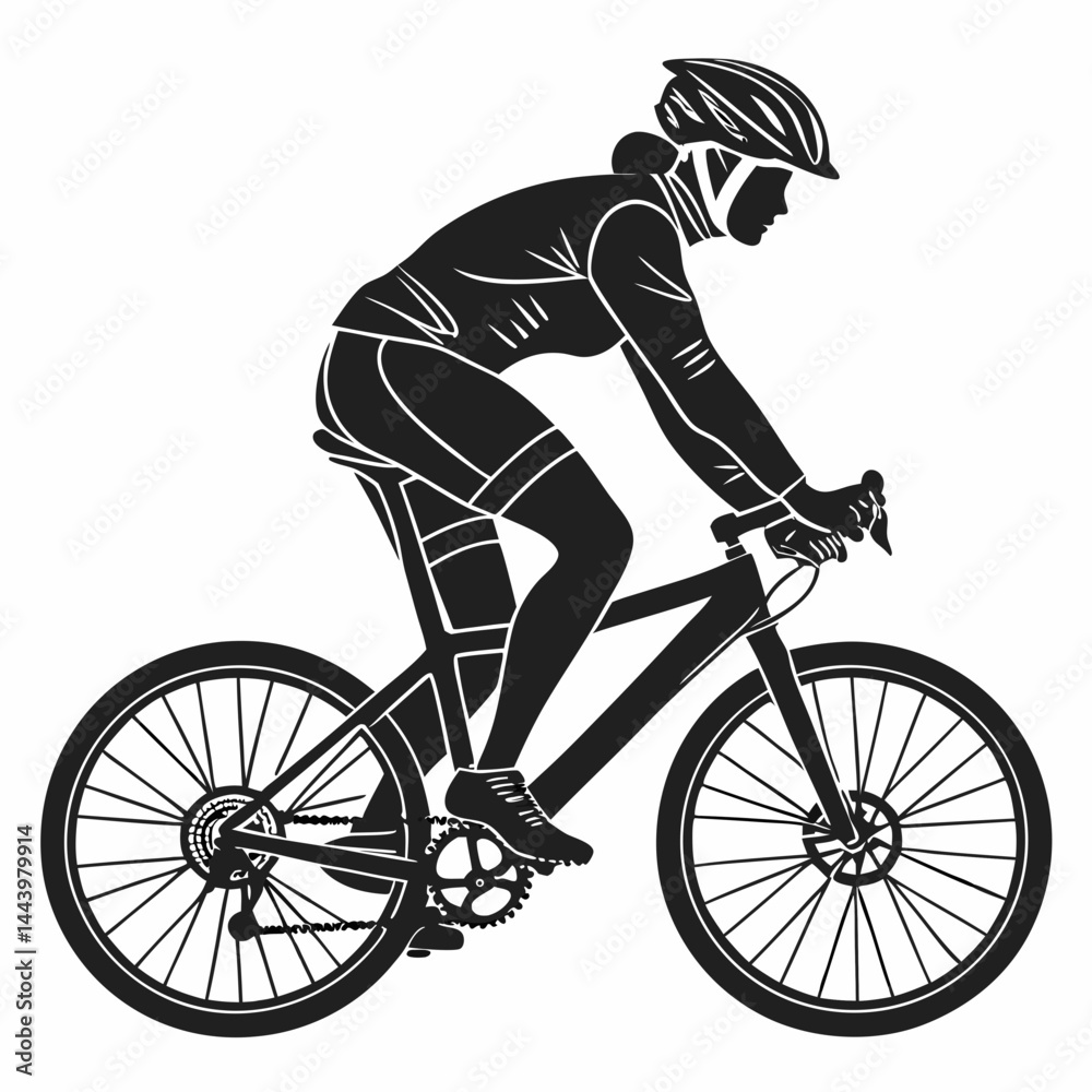 Naklejka premium Silhouette illustration of a cyclist riding a mountain bike depicting speed and endurance on a white background