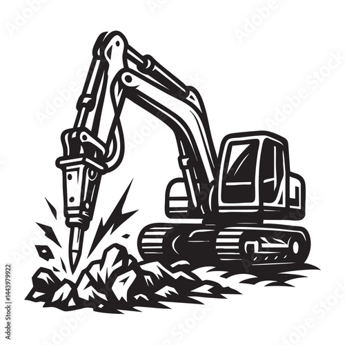 Hydraulic hammer excavator breaking rocks vector illustration