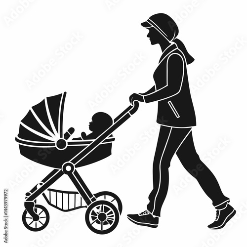 Black And White Vector Illustration Of A Mother With Baby Stroller