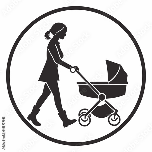 Stylish Silhouette Of Woman Pushing Baby Stroller In Circle Graphic