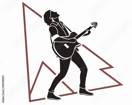 Silhouette Of Ecstatic Guitarist Against An Abstract Mountain Background Vector Art
