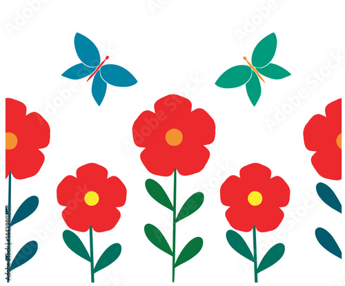 Field of red flowers with green and blue butterflies. Seamless minimalistic and childish illustration isolated on transparent background