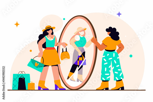 A colorful illustration showing two women shopping, one looking at her reflection in a mirror while holding shopping bags, and the other standing nearby.