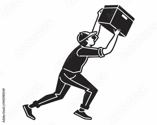Delivery Man Struggling With Heavy Box Silhouette Vector Illustration