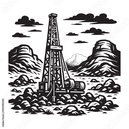Drilling rig operating in rocky desert vector illustration