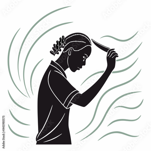 Elegant Black Woman Silhouette Combing Hair Minimalist Graphic Art Style