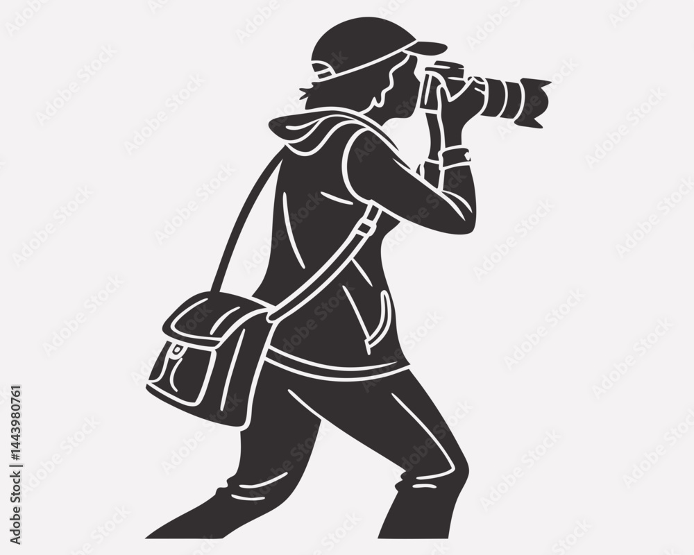 Fototapeta premium Silhouette Of Photographer Taking Pictures With Professional Camera And Shoulder Bag