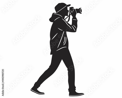 Photographer Silhouette With Camera In Hand Standing On White Background