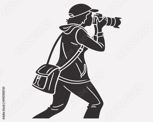 Silhouette Of Photographer Taking Pictures With Professional Camera And Shoulder Bag