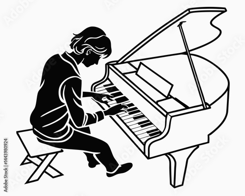 Pianist Playing Grand Piano Black And White Line Art Illustration Vector
