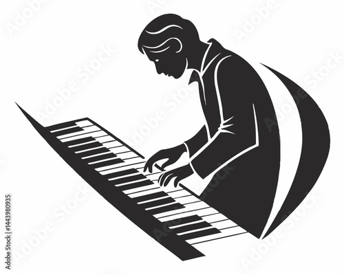 Silhouette Of A Pianist Playing Piano Keyboard In Monochrome Vector Art